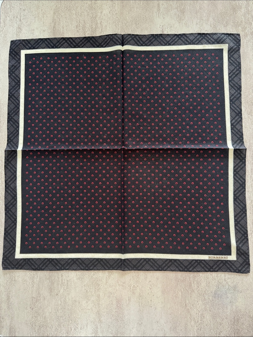 Burberry Navy Pocket Square with Red Dot Pattern and Cream Trim